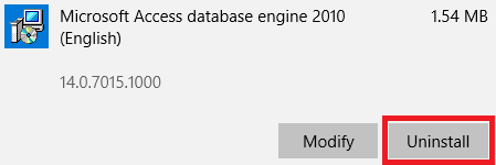 Uninstall the Microsoft Access Database Engine 2010